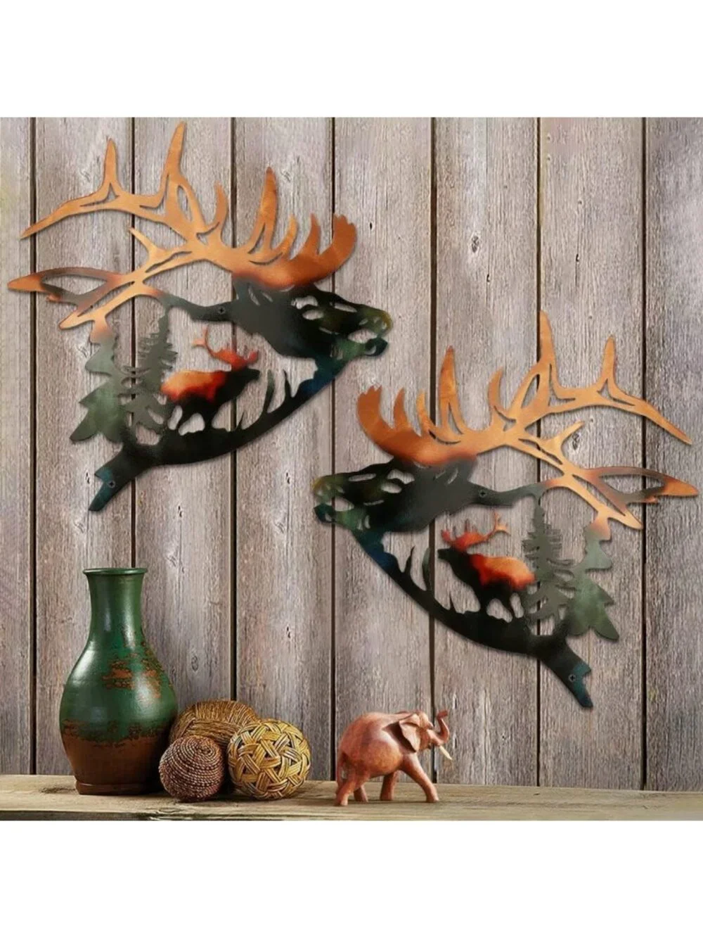 Rustic Elk Wall Art Set of 2 - Metal Deer Decor for Cabin, Home & Bedroom